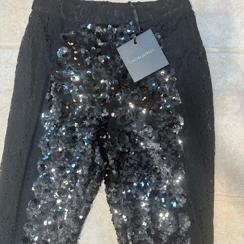 Cynthia Rowley Black Sequin & Lace Flared Leg Pants 4 - Picture 5 of 13